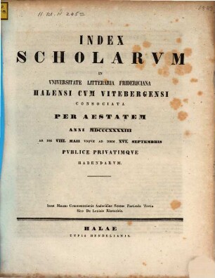 Index scholarum in Universitate Litteraria Fridericiana Halensi cum Vitebergensi Consociata ... publice privatimque habendarum. SS 1843