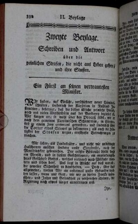 Zweyte Beylage. Schreiben und Antwort über die peinlichen Strafen, [...].