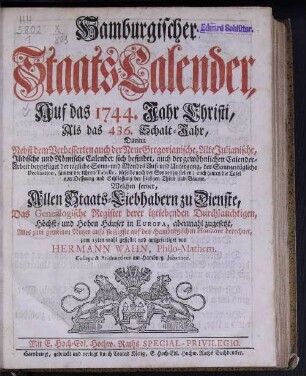 1744: Hamburgischer Staats-Kalender : auf das Jahr