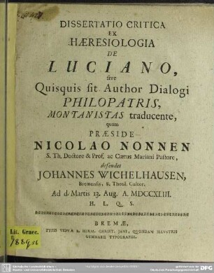 Dissertatio Critica Ex Haeresiologia De Luciano, sive Quisquis sit Author Dialogi Philopatris, Montanistas traducente