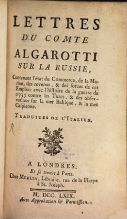 Lettres du Comte Algarotti sur la Russie