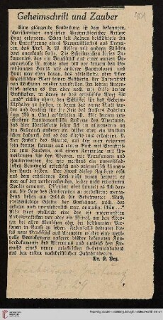 Geheimschrift und Zauber, Ztgsausschn. aus: Freiburger Zeitung 5.7.1929 (Hunt, Arthur, Papyrologe; Michigan, Univ.: Zauberpapyrus, Geheimschrift; Zauberpapyrus: Geheimschrift)