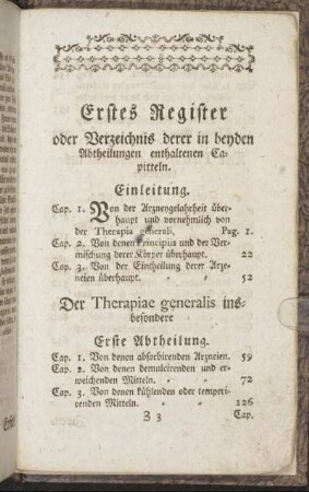 Erstes Register oder Verzeichnis derer in beyden Abtheilungen enthaltenen Capitteln.