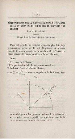 Développements sur la question relative a l'influence de la rotation de la terre sur le mouvement du pendule.