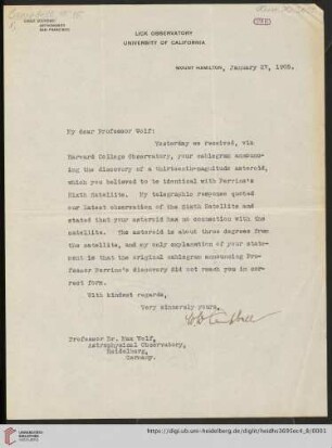 Briefe von William Wallace Campbell an Max Wolf: Brief von William Wallace Campbell an Max Wolf