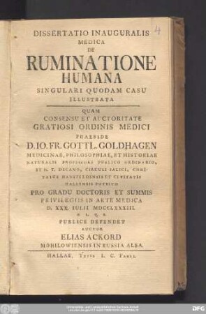 Dissertatio Inauguralis Medica De Ruminatione Humana Singulari Quodam Casu Illustrata