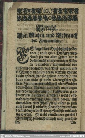 Bericht. Von Nutzen und Gebrauch der Fontanellen