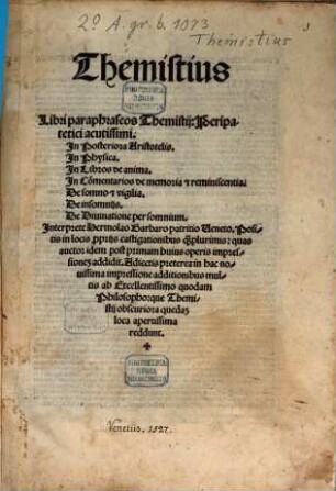 Libri paraphraseos Themistii Peripatetici acutissimi