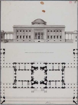 Entwurf eines unbekannten Gebäudes (Schloss, Festsaalbau, Museum?) - Grundriss und Ansicht