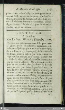 Lettre CIII. A la même. Aux Rochers, Mécredi 9. Décembre, 1671