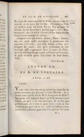 261-279, Lettre CX. de M. de Voltaire.-Lettre CXVIII. du Roi.