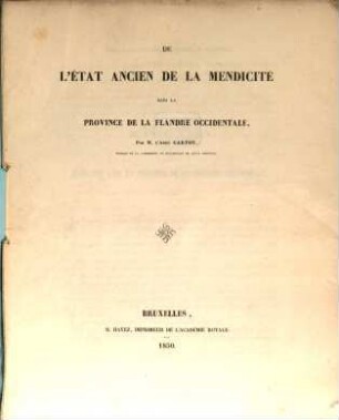 De l'état ancien de la mendicité dans la province de la Flandre occidentale