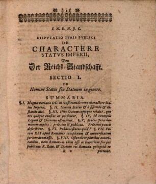 Dissertatio Ivris Pvblici De Charactere Statvvm Imperii, Germanice: Von Der Reichs-Standschafft
