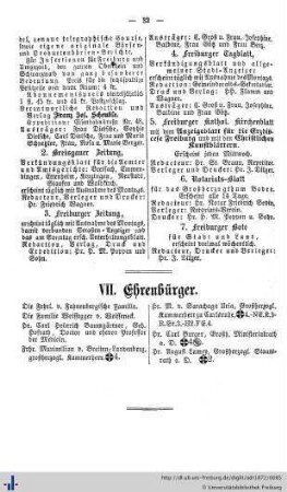 Ehrenbürger, Verzeichniß der Einwohner nach ihren Berufsgeschäften, Verzeichniß der Hauseigenthümer, Straßenverzeichniß.