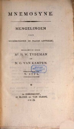 Mnemosyne : mengelingen voor geschied- en letterkunde. 5. 1818