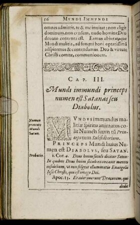 Cap. III. Mundi immundi princeps numen est Satanas seu Diabolus.