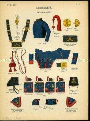 Uniformdarstellung, Detailstudien von Kopfbedeckungen, Patronentaschen und Abzeichen verschiedener Artillerie-Regimenter, Frankreich, 1845/1860.