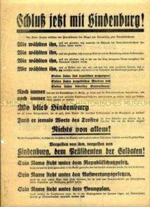 Nationalsozialistisches Flugblatt gegen die Wiederwahl von Hindenburg zum Reichspräsidenten