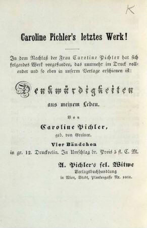 Caroline Pichler's letztes Werk!