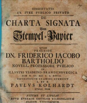Diss. ex iure publ. priv. de charta signata, vom Stempel-Papier