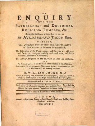 An Enquiry into the Patriarchal and Druidical Religion, Tempels ...