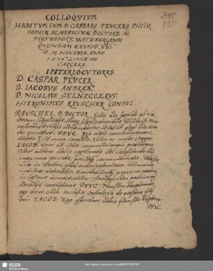 Nr. 78. Colloquium habitum cum D. Casparo Peucero