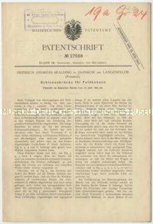 Patentschrift einer Schienenbrücke für Feldbahnen, Patent-Nr. 27568