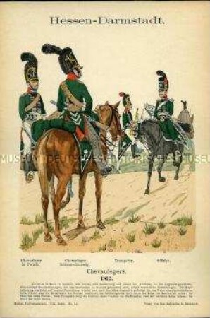 Uniformdarstellung, Gemeine, Trompeter und Offizier des Chevauleger-Regiments, Großherzogtum Hessen-Darmstadt, 1812.