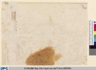 Hügellandschaft mit Flussbett, ruhender Bäuerin mit Kind und saufendem Esel