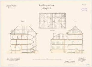Garnison des Infanterie-Kasernements, Mannheim Stabsgebäude: Grundriss Sparrenlage, Querschnitte 1:100