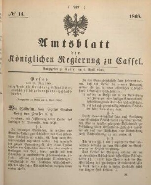 № 14. Ausgegeben zu Cassel am 9. April 1868.