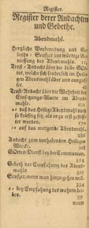 Register derer Andachten und Gebethe