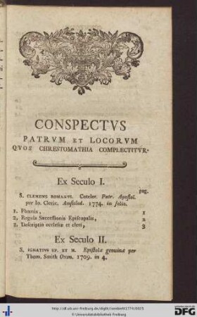 Conspectus Patrum et Locorum Quos Chrestomathia complectitur.