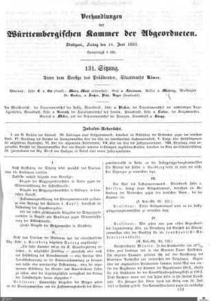 131. Sitzung, Stuttgart, 18.6.1852