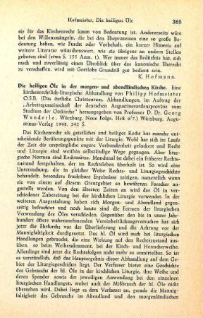 365-366 [Rezension] Hofmeister, Philipp, Die heiligen Öle in der morgen- und abendländischen Kirche
