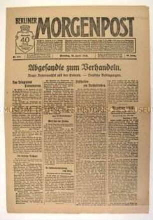 Tageszeitung "Berliner Morgenpost" u.a. zur Verlegung der Nationalversammlung nach Berlin