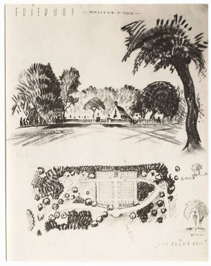 Ausstellungsgarten Jubiläums-Gartenbau-Ausstellung 1926, Dresden: Friedhof: perspektivische Ansicht und Grundriss 1:500