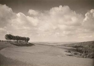 Woogbachtal. Blick von der Höhe des Staffelberges talabwärts. Links die Strasse St. Ingbert - Ensheim. Im Hintergrund die Höhenzüge des Saartales