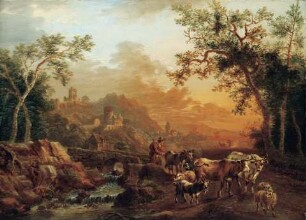 Flusslandschaft mit heimkehrendem Hirten und Herde