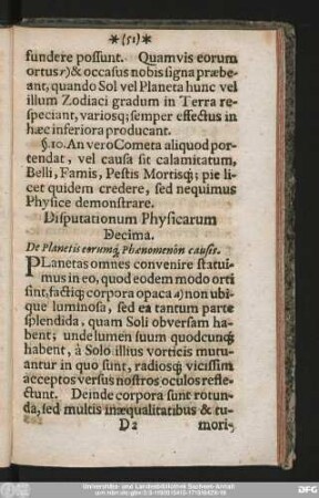 Disputationum Physicarum Decima. De Planetis eorumq[ue] Phaenomenôn causis.