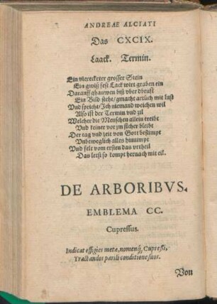 De Arboribvs. Emblema CC. Cupressus. [bis Emblema CCXVII. Hedera.]