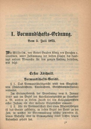 I. Vormundschafts-Ordnung. Vom 5. Juli 1875.