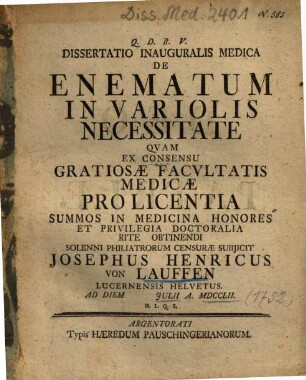 Dissertatio Inauguralis Medica De Enematum In Variolis Necessitate