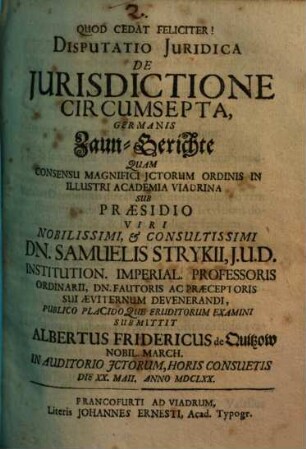 Disputatio Iuridica De Iurisdictione Circumsepta, Germanis Zaun-Gerichte