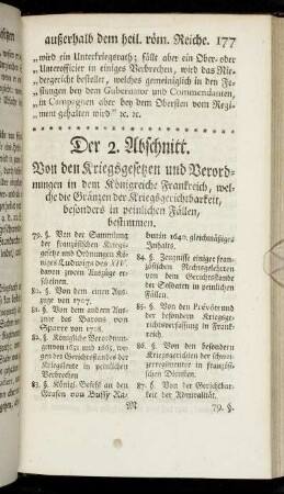 Der 2. Abschnitt. Von den Kriegsgesetzen und Verordnungen in dem Königreiche Frankreich, welche die Gränzen der Kriegsgerichtbarkeit, besonders in peinlichen Fällen, bestimmen.