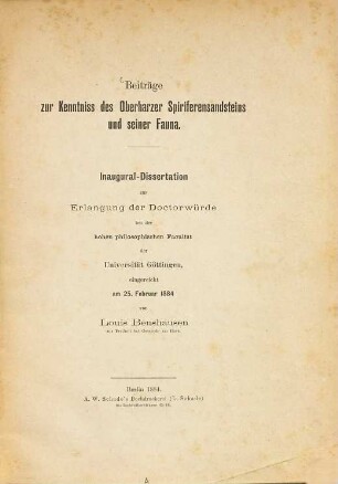 Beiträge zur Kenntnis des Oberharzer Spiriferensandsteins und seiner Fauna : Inauguraldissertation der Universität Göttingen
