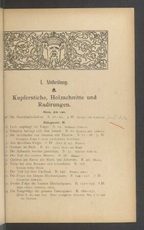 I. Abtheilung. Kupferstiche, Holzschnitte und Radirungen