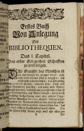 Erstes Buch Von Anlegung Der Bibliothequen.