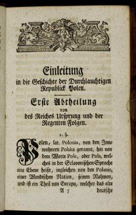 Einleitung in die Geschichte der Durchlauchtigen Republick Polen.
