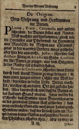 De Origine. Vom Ursprung und Herkommen der Bienen.